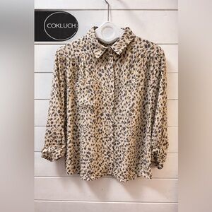 COKLUCH Abstract Print Button-Up Blouse Beige Grey Mustard Size L